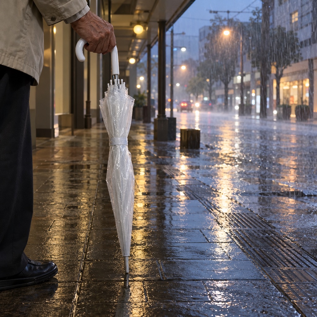 雨のアーケードで閉じたビニール傘を持つ手